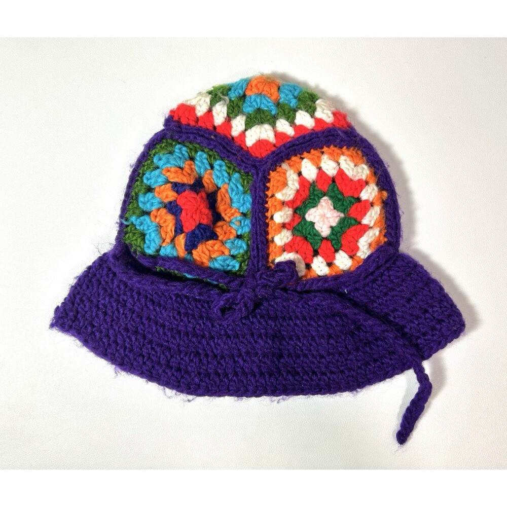Handmade Crochet Granny Square Bucket Hat Multicolor Purple Festival Retro Style